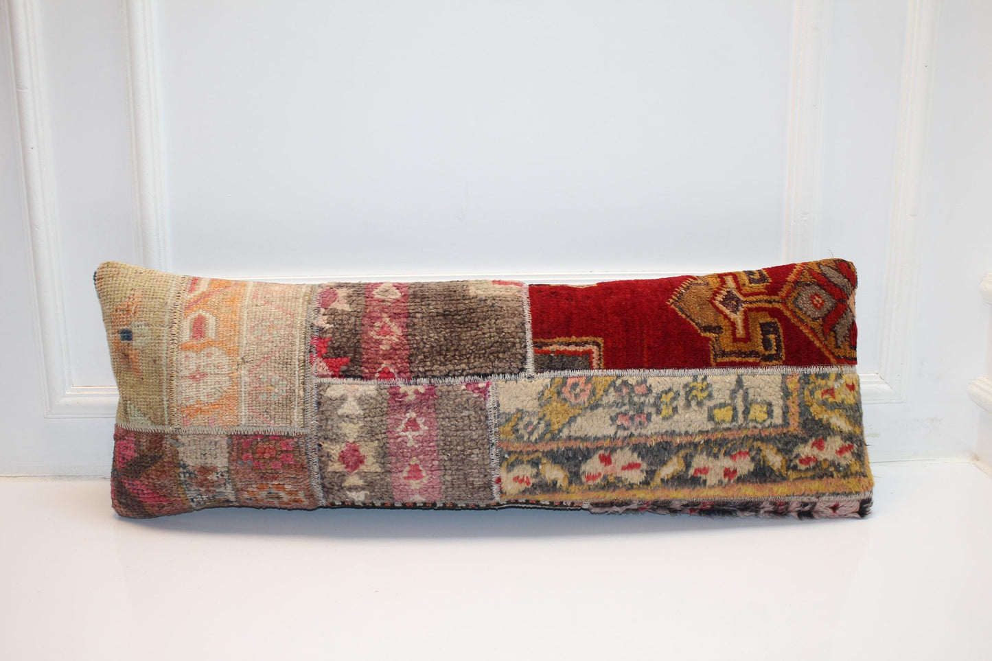 Patchwork Kilim Lumbar Pillow Cover | Vintage Wool Rug, Handmade (12x36 in)
