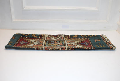 Geometric Kilim Lumbar Pillow | Teal & Mustard Wool Cushion (12x36 in)