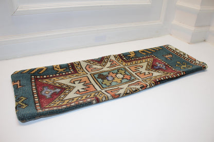 Geometric Kilim Lumbar Pillow | Teal & Mustard Wool Cushion (12x36 in)
