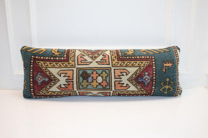 Geometric Kilim Lumbar Pillow | Teal & Mustard Wool Cushion (12x36 in)