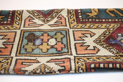 Geometric Kilim Lumbar Pillow | Teal & Mustard Wool Cushion (12x36 in)
