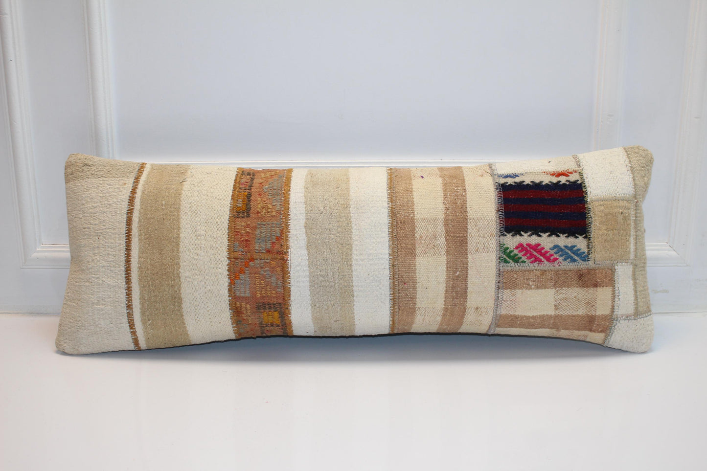 Handmade Kilim Lumbar Pillow Cover | Patchwork Wool Cushion (12x36 in)