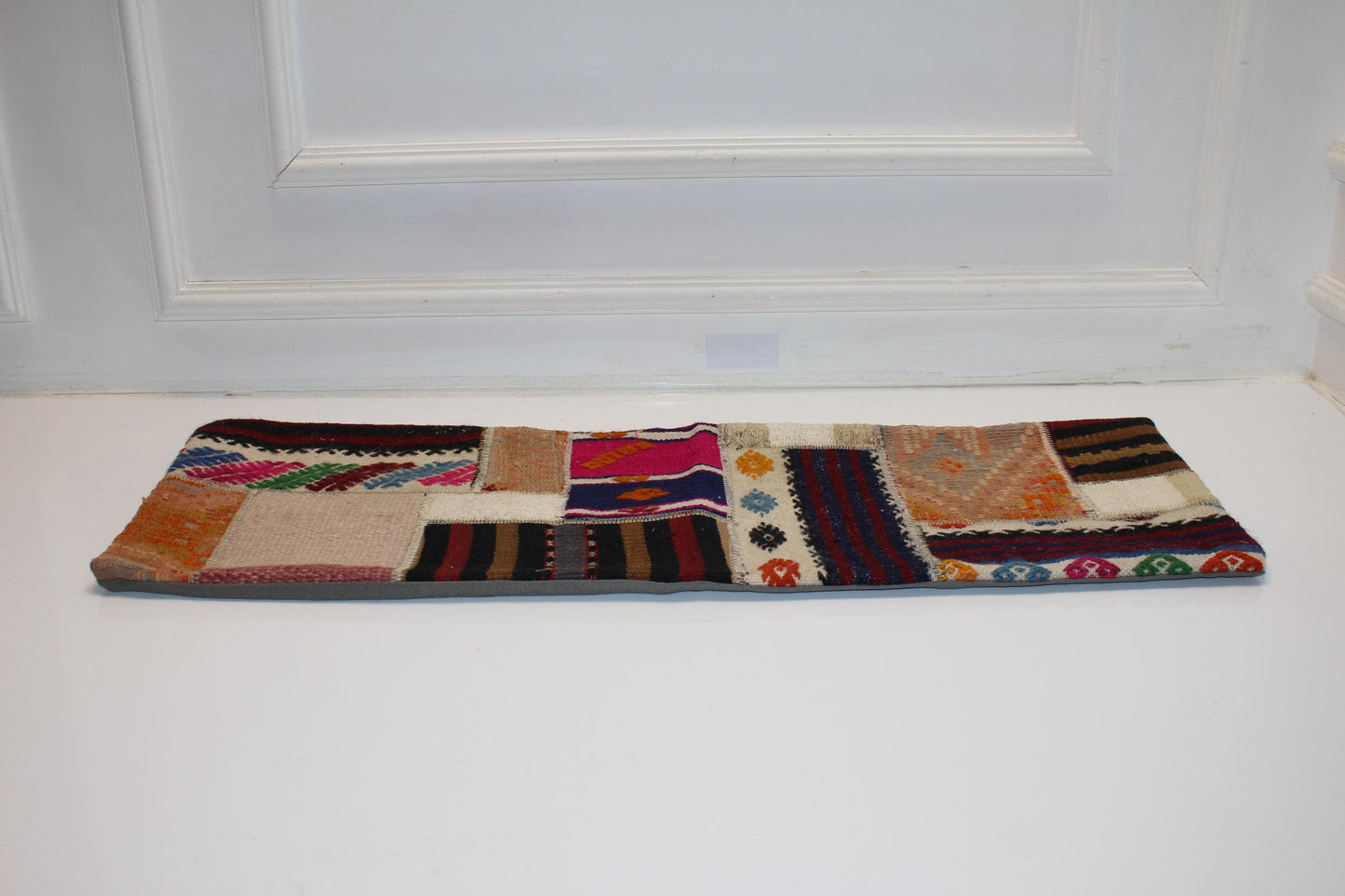Patchwork Kilim Lumbar Pillow Cover | Tribal Wool Bench Decor (12x36 in)