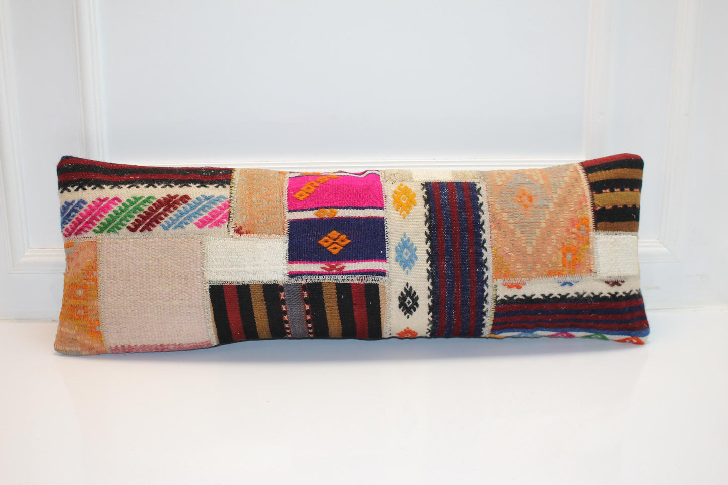 Patchwork Kilim Lumbar Pillow Cover | Tribal Wool Bench Decor (12x36 in)