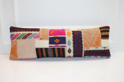 Patchwork Kilim Lumbar Pillow Cover | Tribal Wool Bench Decor (12x36 in)