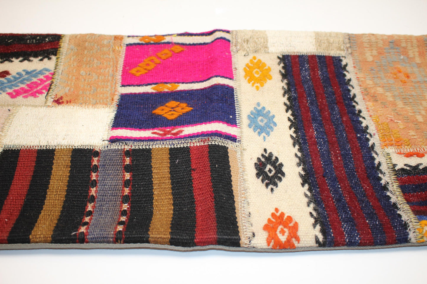 Patchwork Kilim Lumbar Pillow Cover | Tribal Wool Bench Decor (12x36 in)