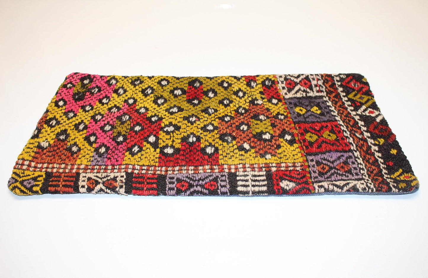 Handmade Turkish Kilim Lumbar Pillow – Pink Yellow Red, Boho Cushion 12x24