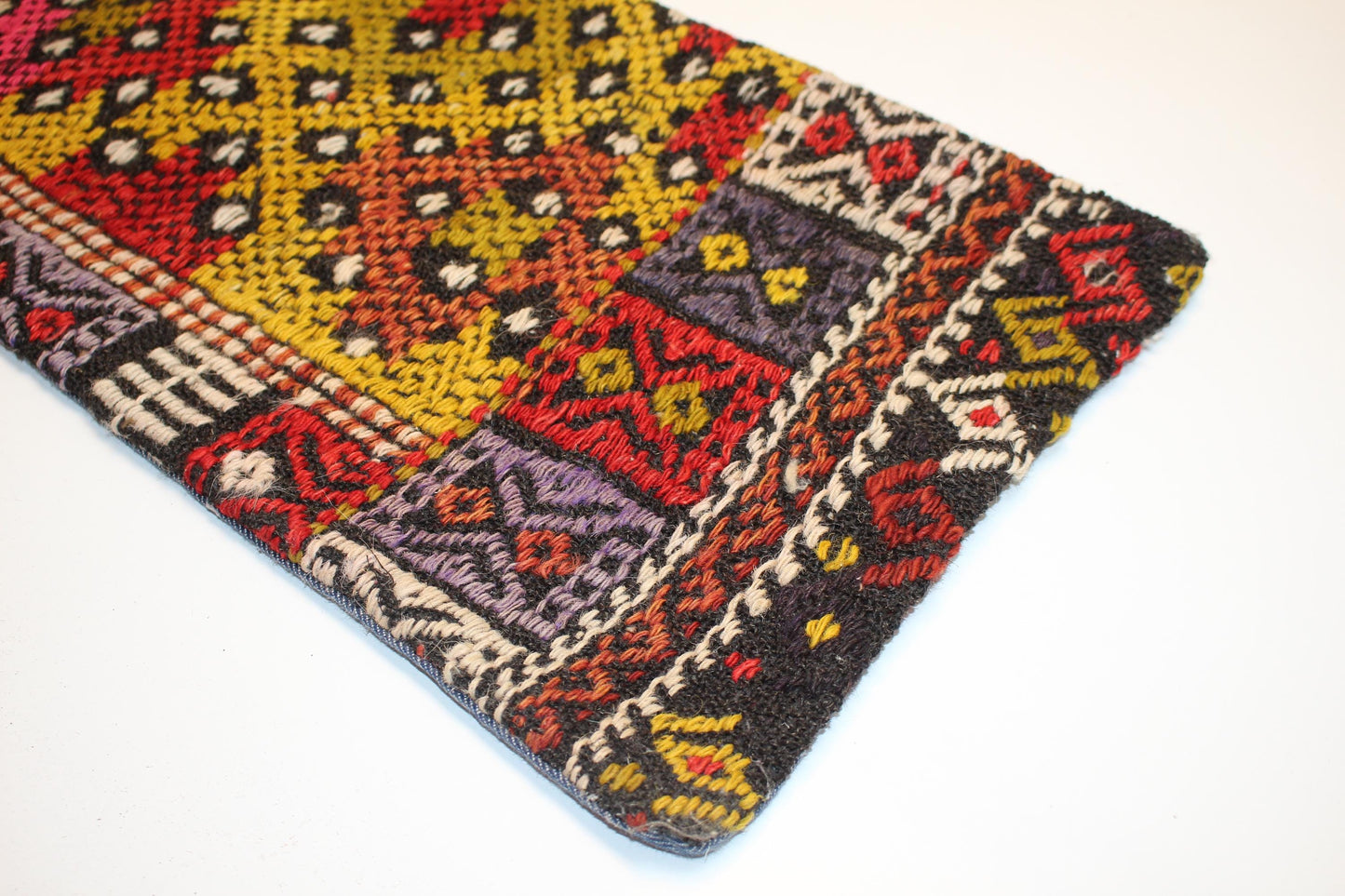 Handmade Turkish Kilim Lumbar Pillow – Pink Yellow Red, Boho Cushion 12x24