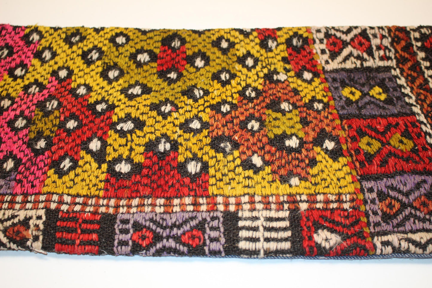 Handmade Turkish Kilim Lumbar Pillow – Pink Yellow Red, Boho Cushion 12x24