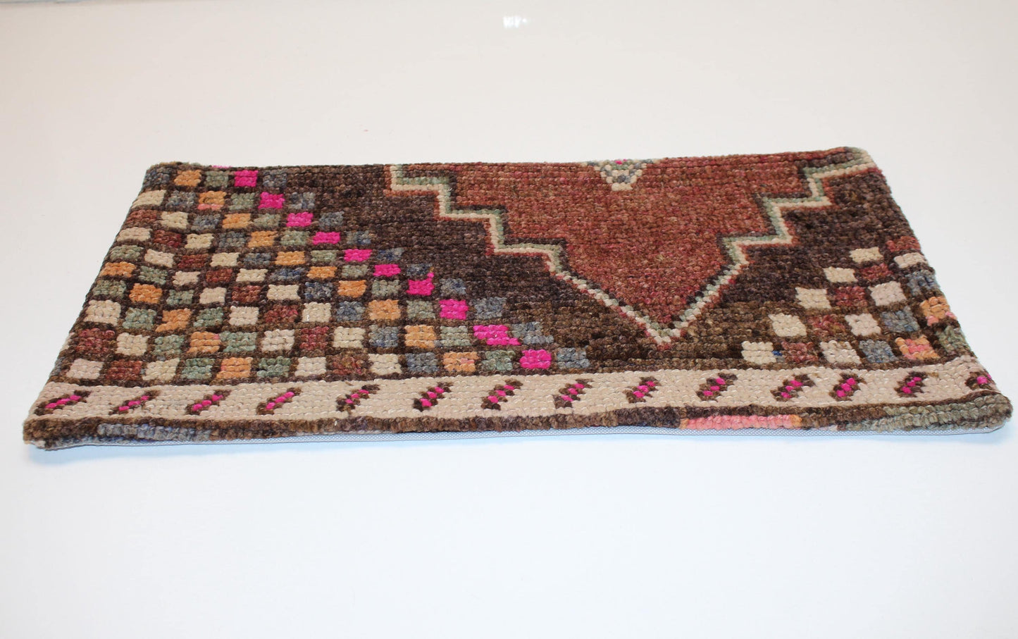 Vintage Turkish Kilim Lumbar Pillow – Brown Pink Checkered Boho Cushion, 12x24