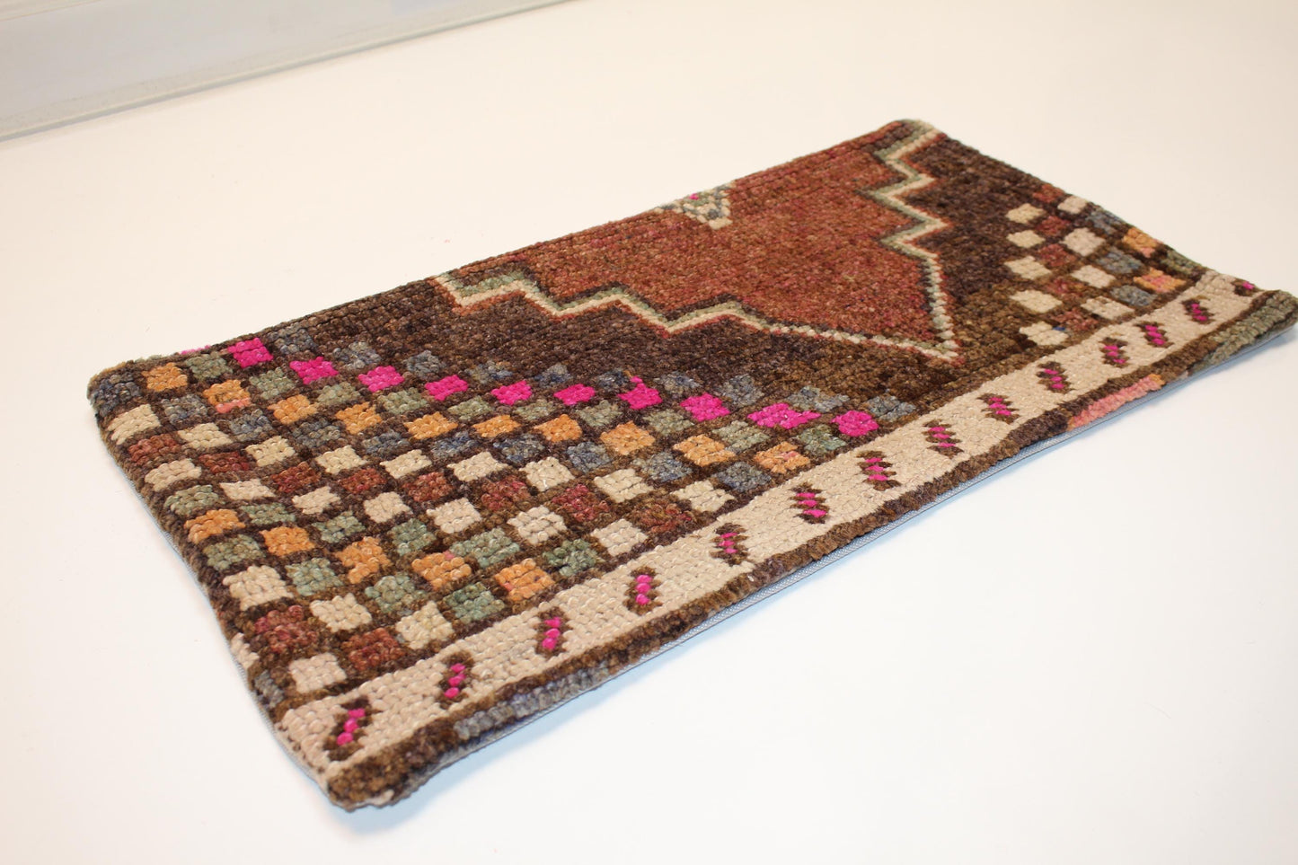 Vintage Turkish Kilim Lumbar Pillow – Brown Pink Checkered Boho Cushion, 12x24