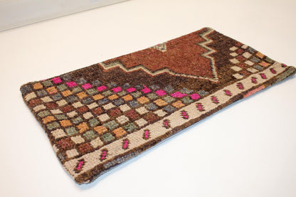 Vintage Turkish Kilim Lumbar Pillow – Brown Pink Checkered Boho Cushion, 12x24