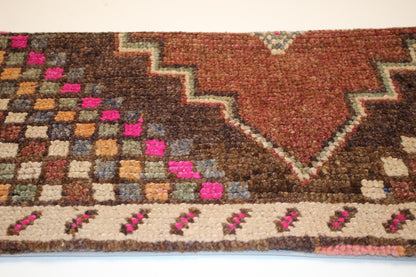 Vintage Turkish Kilim Lumbar Pillow – Brown Pink Checkered Boho Cushion, 12x24