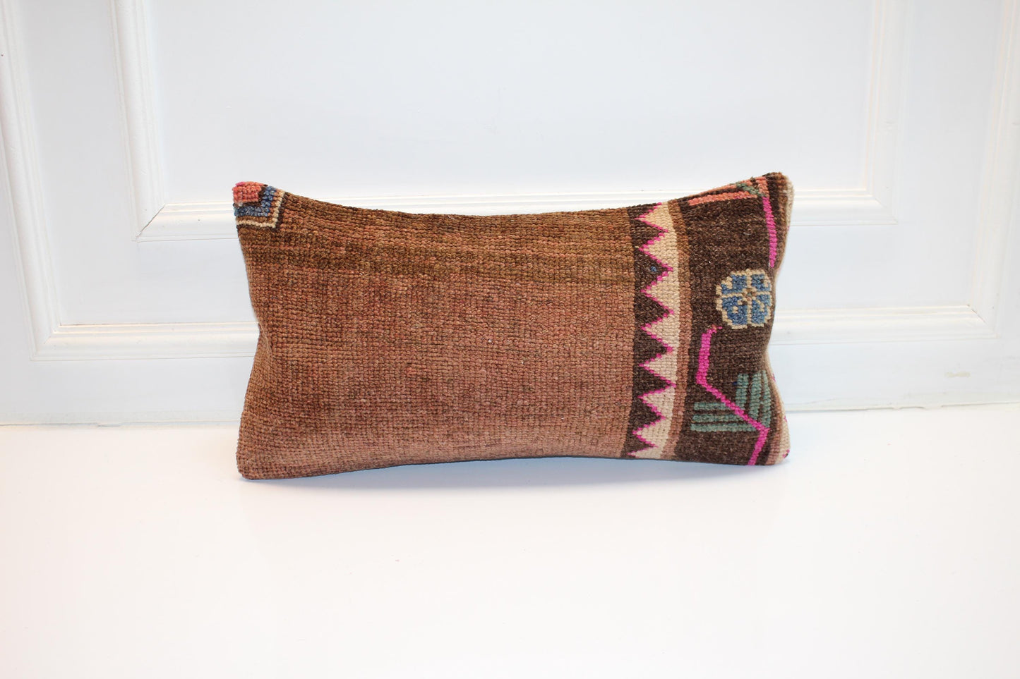Handmade Kilim Pillow Cover, Brown Pink Tribal Design, 12x24 inch