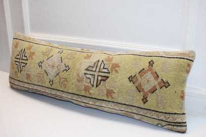 Vintage Kilim Lumbar Pillow Cover: Turkish Woven Rug, Soft Green Geometric Cushion