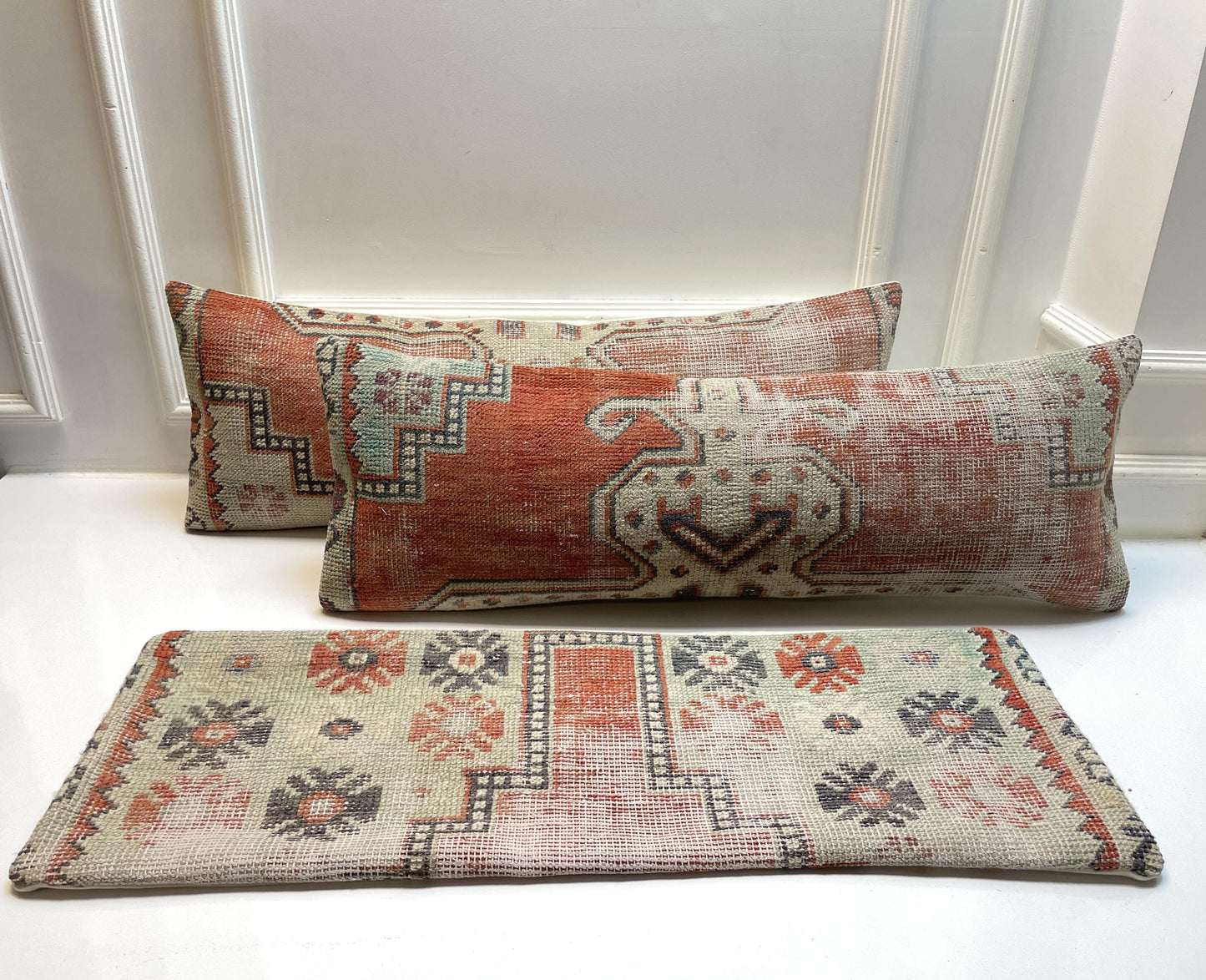 Vintage Turkish Kilim Lumbar Pillow Set: Upcycled Anatolian Rug Cushions (12x36)