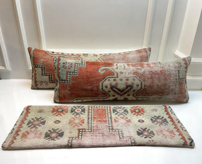 Vintage Turkish Kilim Lumbar Pillow Set: Upcycled Anatolian Rug Cushions (12x36)