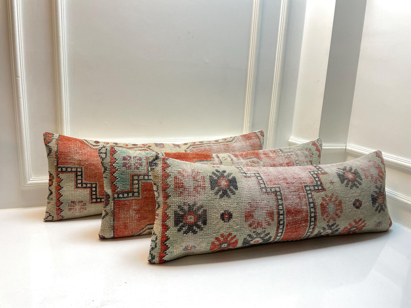 Vintage Turkish Kilim Lumbar Pillow Set: Upcycled Anatolian Rug Cushions (12x36)