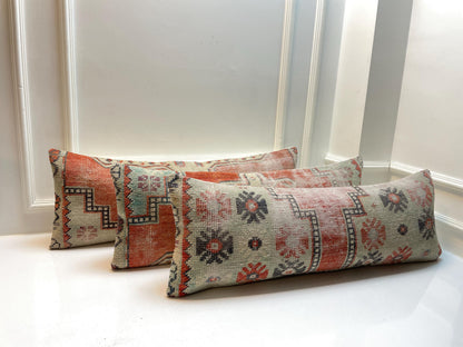 Vintage Turkish Kilim Lumbar Pillow Set: Upcycled Anatolian Rug Cushions (12x36)