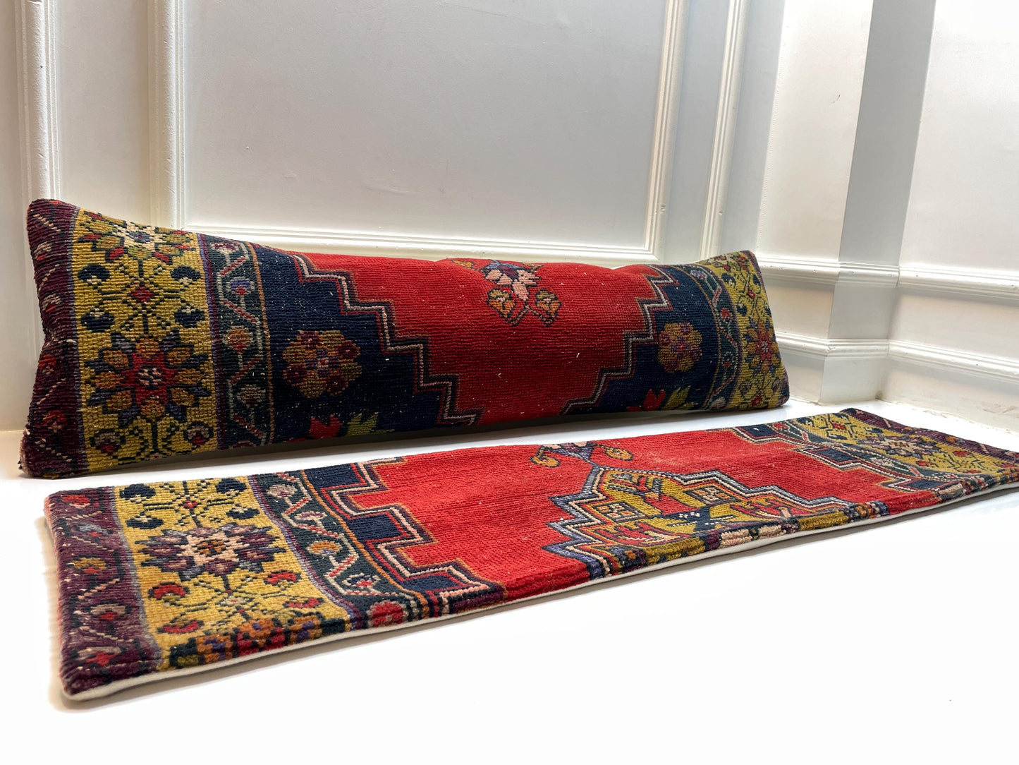 Set of 2 -Vintage Turkish Rug Lumbar Pillow Set: Handmade Kilim Cushions 12x48 Inch