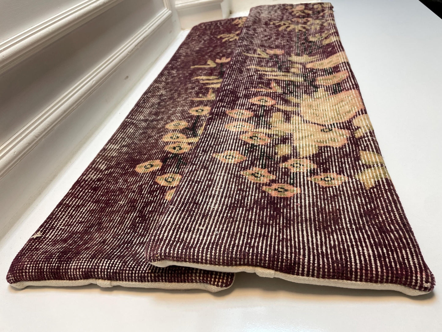 Set of 2 -Vintage Turkish Lumbar Pillow Cover Set: Plum Floral Kilim, 12x48 Inch