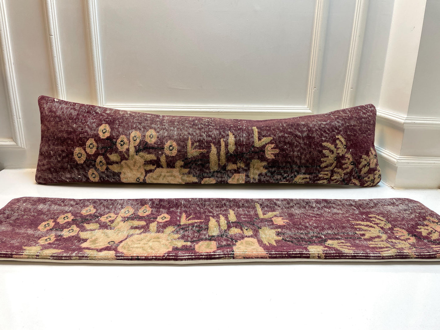 Set of 2 -Vintage Turkish Lumbar Pillow Cover Set: Plum Floral Kilim, 12x48 Inch