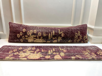 Set of 2 -Vintage Turkish Lumbar Pillow Cover Set: Plum Floral Kilim, 12x48 Inch
