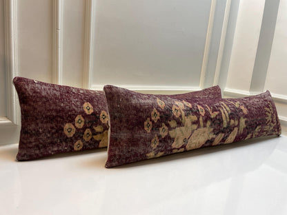 Set of 2 -Vintage Turkish Lumbar Pillow Cover Set: Plum Floral Kilim, 12x48 Inch
