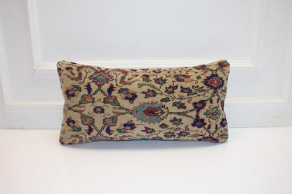 Vintage Turkish Rug Lumbar Pillow • Floral Kilim Throw Cover 12x24