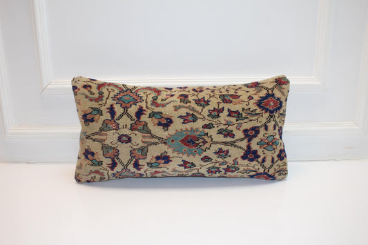 Vintage Turkish Rug Lumbar Pillow • Floral Kilim Throw Cover 12x24