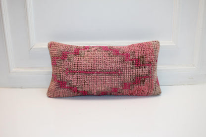 Vintage Turkish Rug Lumbar Pillow • Rose Pink Kilim Pillow Cover (12x24 inch)