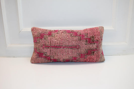 Vintage Turkish Rug Lumbar Pillow • Rose Pink Kilim Pillow Cover (12x24 inch)