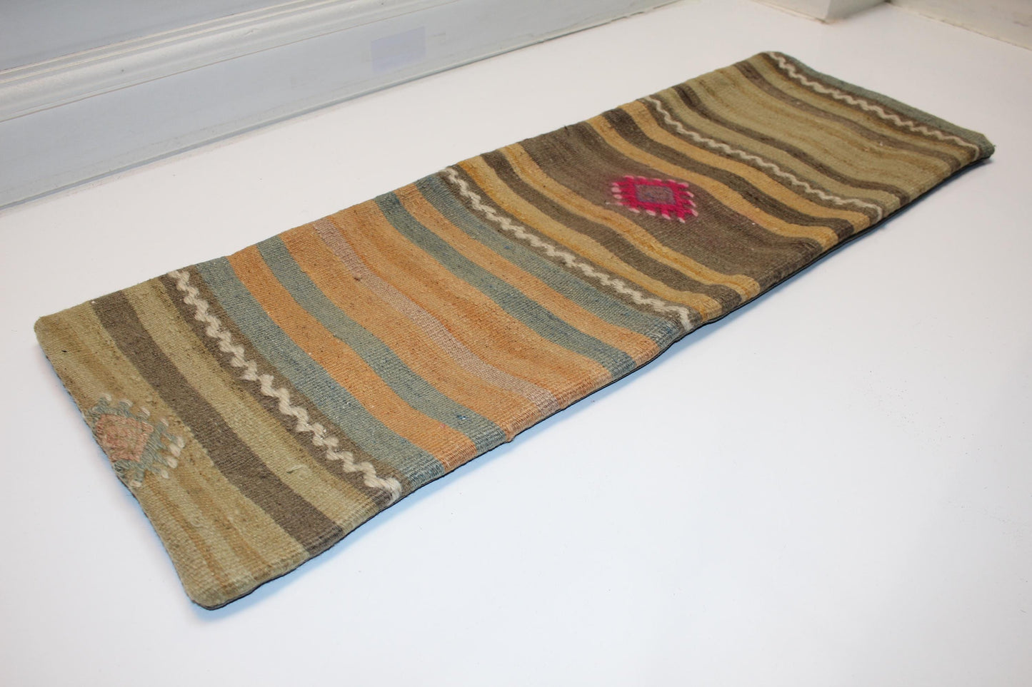 Vintage Turkish Kilim Lumbar Pillow Cover, Striped Rug Cushion (12x36 in)
