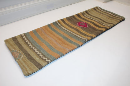 Vintage Turkish Kilim Lumbar Pillow Cover, Striped Rug Cushion (12x36 in)