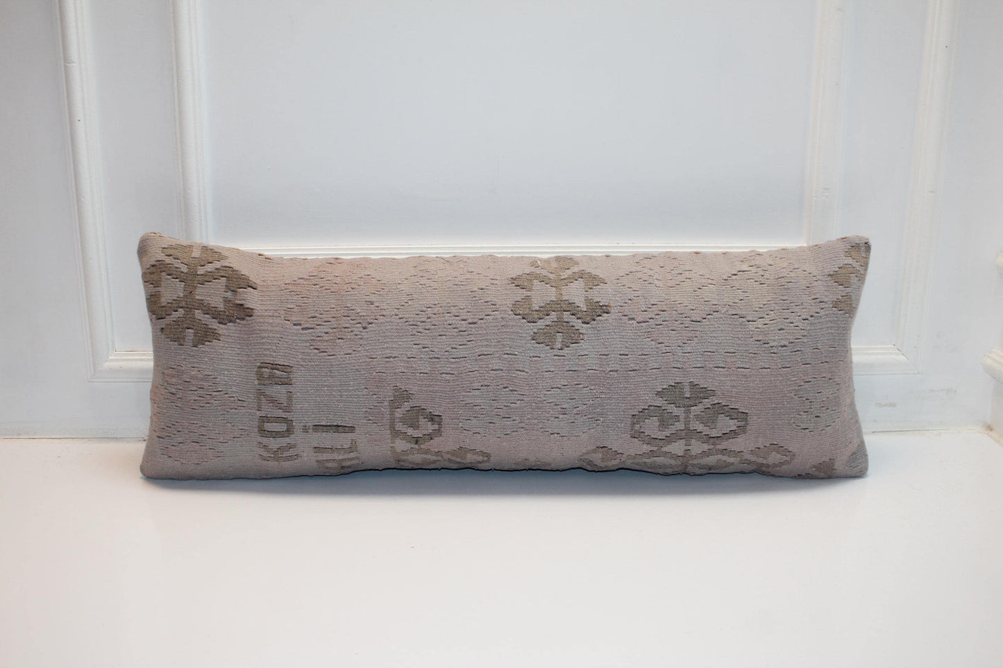 Vintage Turkish Kilim Lumbar Pillow, Soft Grey Tribal Woven Cushion (12x36 in)