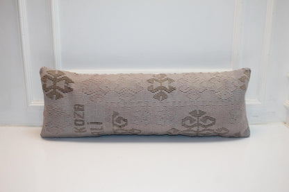 Vintage Turkish Kilim Lumbar Pillow, Soft Grey Tribal Woven Cushion (12x36 in)