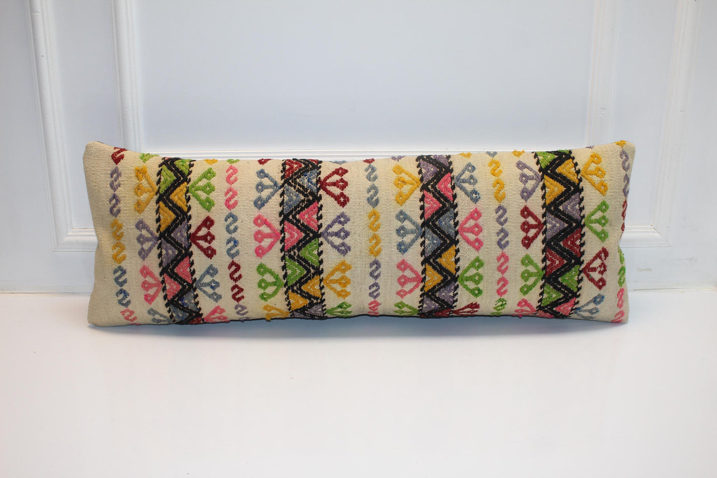 Vintage Turkish Kilim Lumbar Pillow Cover, Tribal Stripe Cushion (12x36 in)