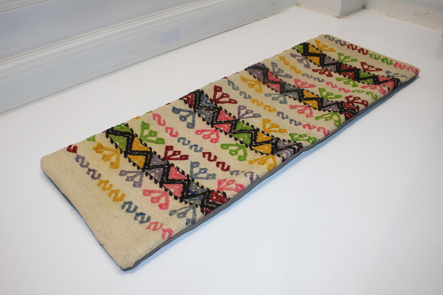 Vintage Turkish Kilim Lumbar Pillow Cover, Tribal Stripe Cushion (12x36 in)