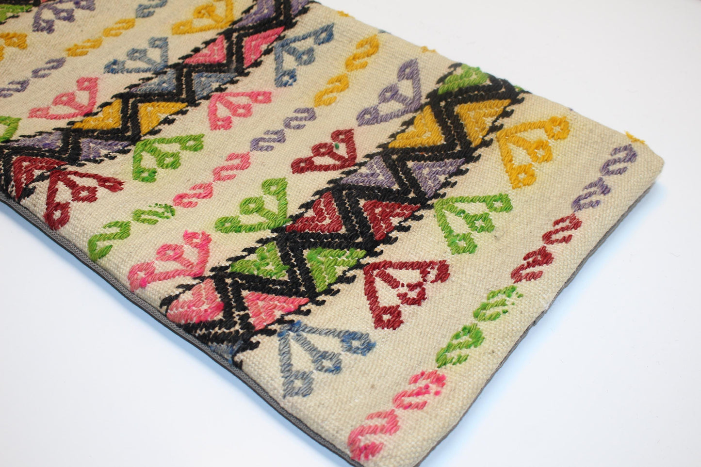 Vintage Turkish Kilim Lumbar Pillow Cover, Tribal Stripe Cushion (12x36 in)
