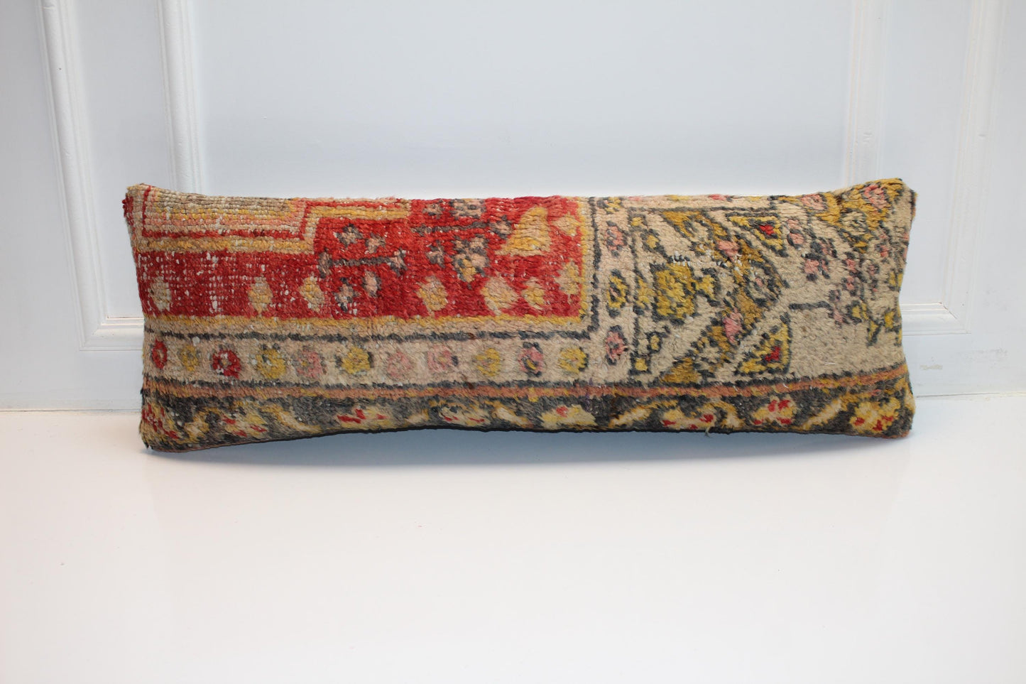 Vintage Turkish Kilim Lumbar Pillow Cover, Red Mustard Tribal Rug Cushion (12x36 in)