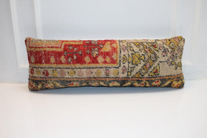 Vintage Turkish Kilim Lumbar Pillow Cover, Red Mustard Tribal Rug Cushion (12x36 in)