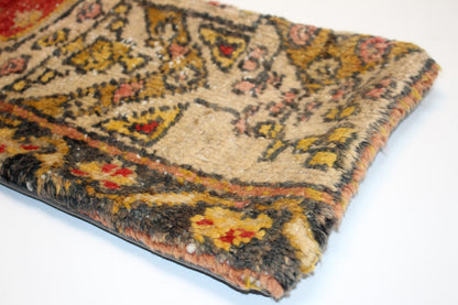 Vintage Turkish Kilim Lumbar Pillow Cover, Red Mustard Tribal Rug Cushion (12x36 in)