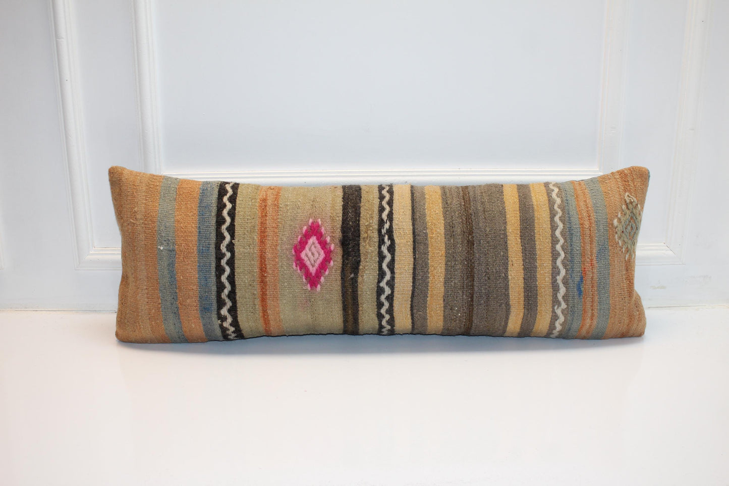 Vintage Turkish Kilim Lumbar Pillow Cover, Mustard Blue Striped Cushion (12x36 in)