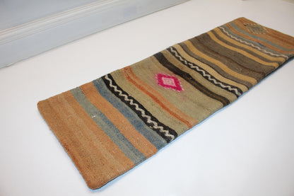Vintage Turkish Kilim Lumbar Pillow Cover, Mustard Blue Striped Cushion (12x36 in)
