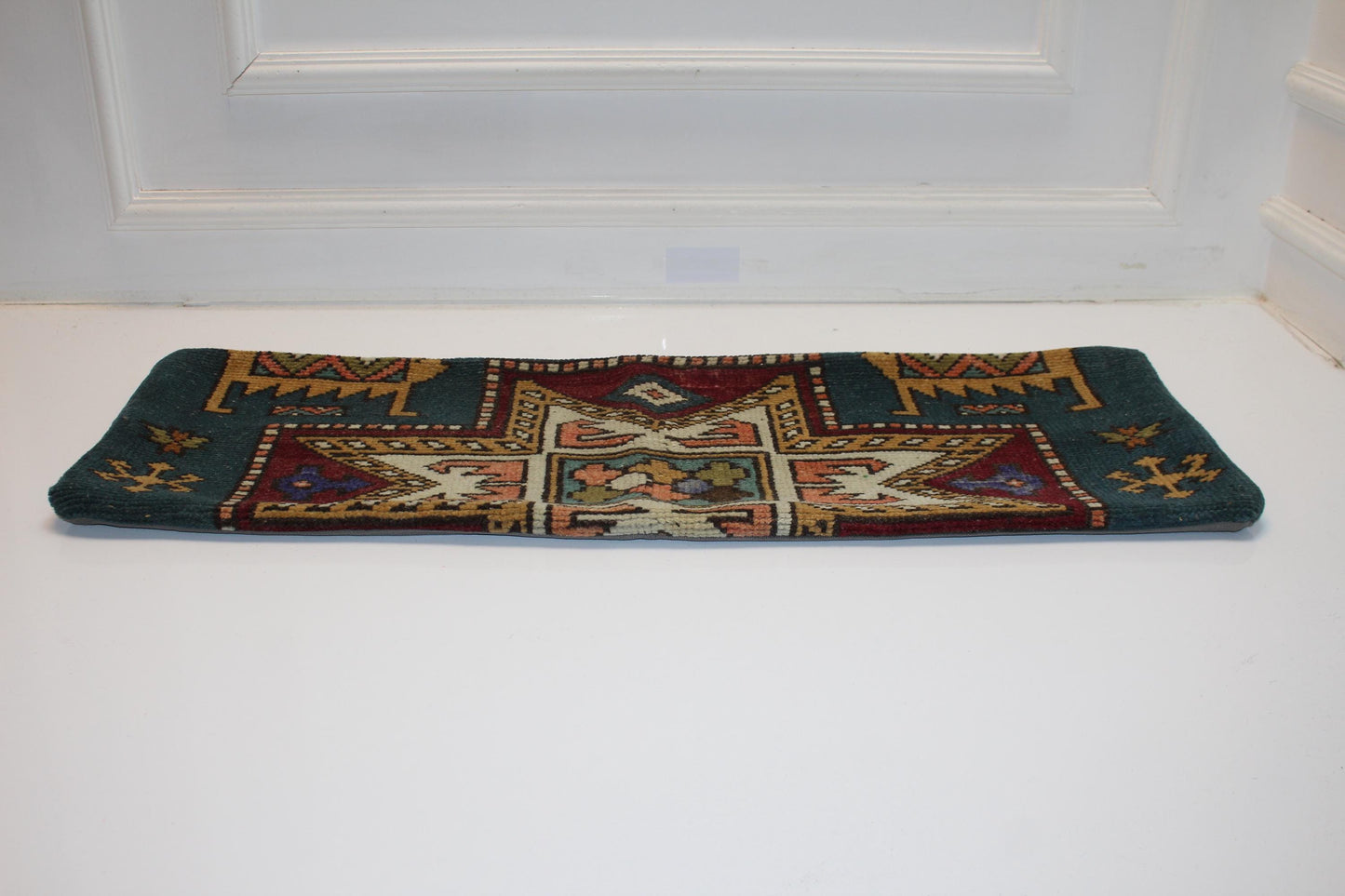 Vintage Turkish Kilim Lumbar Pillow Cover, Petrol Green Geometric Cushion (12x36 in)
