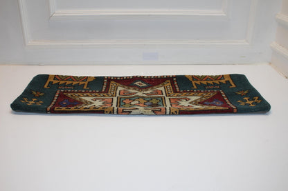 Vintage Turkish Kilim Lumbar Pillow Cover, Petrol Green Geometric Cushion (12x36 in)