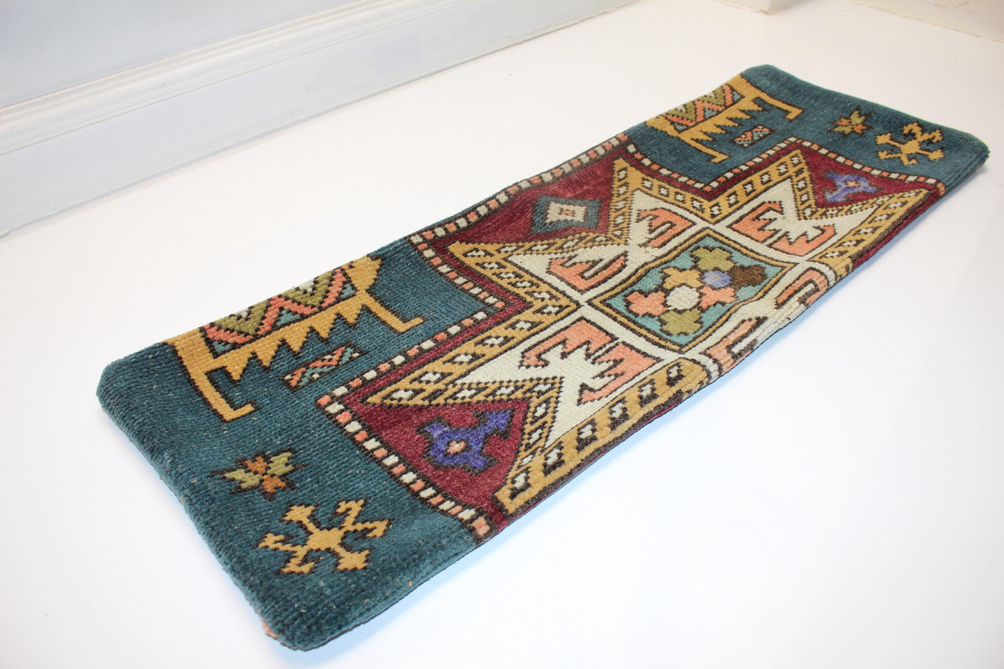 Vintage Turkish Kilim Lumbar Pillow Cover, Petrol Green Geometric Cushion (12x36 in)