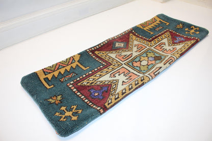 Vintage Turkish Kilim Lumbar Pillow Cover, Petrol Green Geometric Cushion (12x36 in)