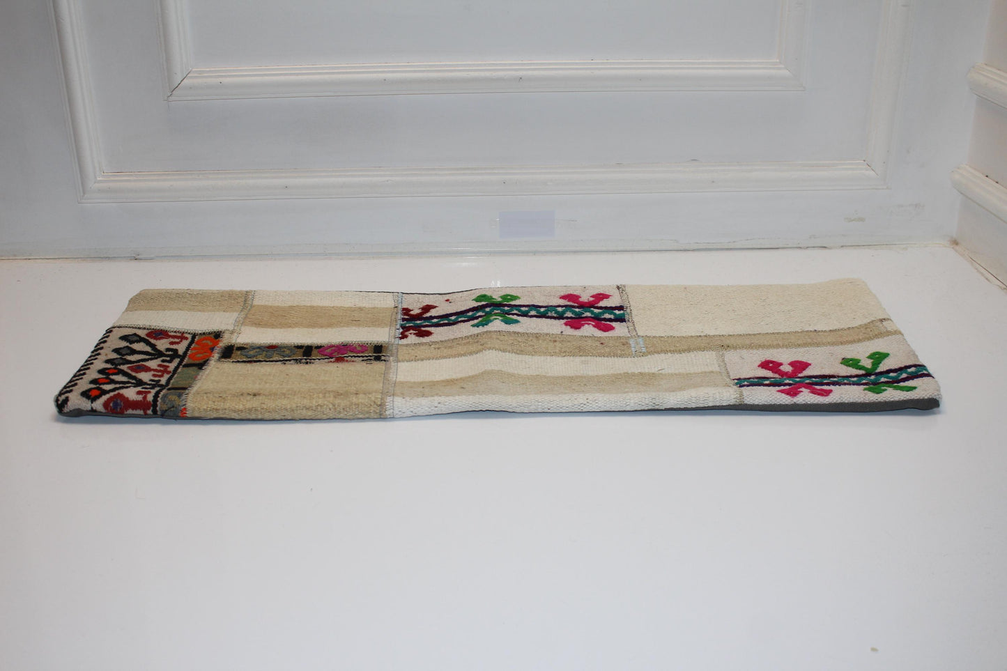 Vintage Turkish Kilim Patchwork Lumbar Pillow, Cream and Beige Tribal Accent Cushion (12x36 in)