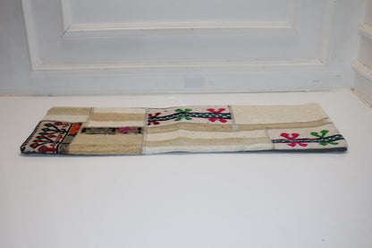 Vintage Turkish Kilim Patchwork Lumbar Pillow, Cream and Beige Tribal Accent Cushion (12x36 in)